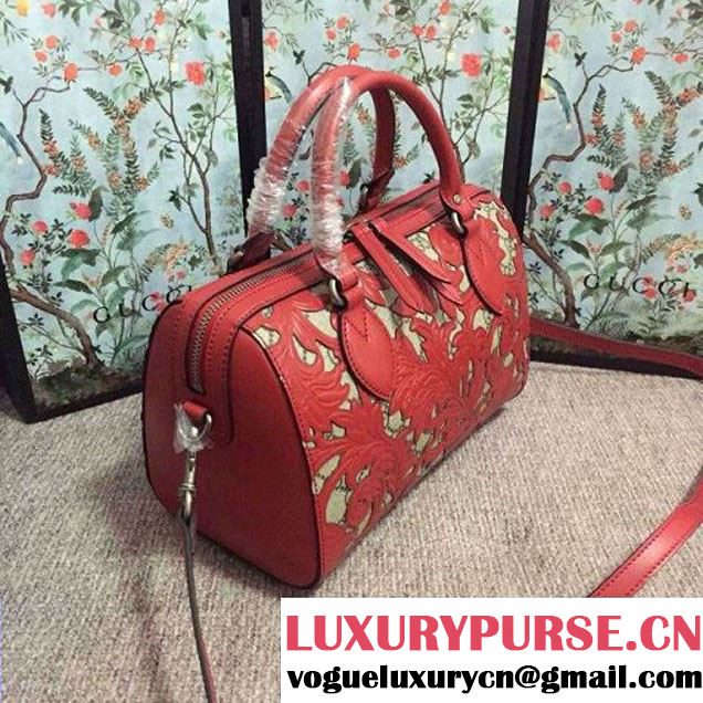 Gucci Arabesque GG Supreme and Leather Top Handle Small Boston Bag 409529 Red 2016