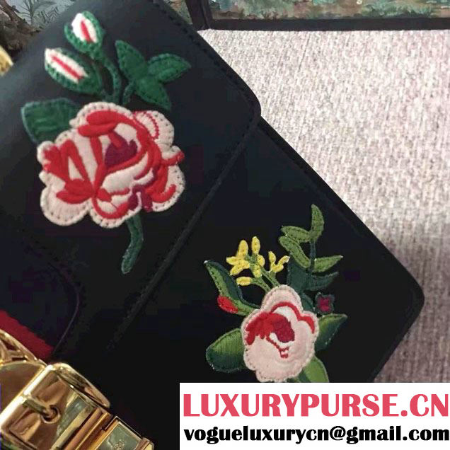Gucci Sylvie Leather Embroidered Flowers Top Handle Medium Bag 431665 Black Runway 2016
