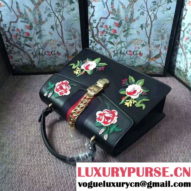 Gucci Sylvie Leather Embroidered Flowers Top Handle Medium Bag 431665 Black Runway 2016