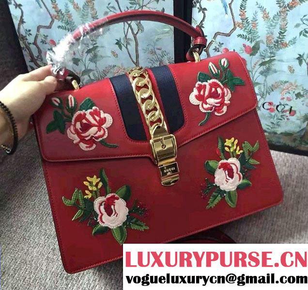 Gucci Sylvie Leather Embroidered Flowers Top Handle Medium Bag 431665 Red Runway 2016