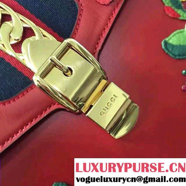 Gucci Sylvie Leather Embroidered Flowers Top Handle Medium Bag 431665 Red Runway 2016