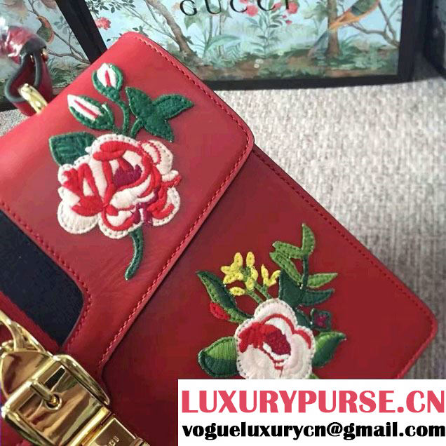 Gucci Sylvie Leather Embroidered Flowers Top Handle Medium Bag 431665 Red Runway 2016