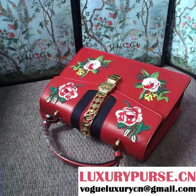 Gucci Sylvie Leather Embroidered Flowers Top Handle Medium Bag 431665 Red Runway 2016