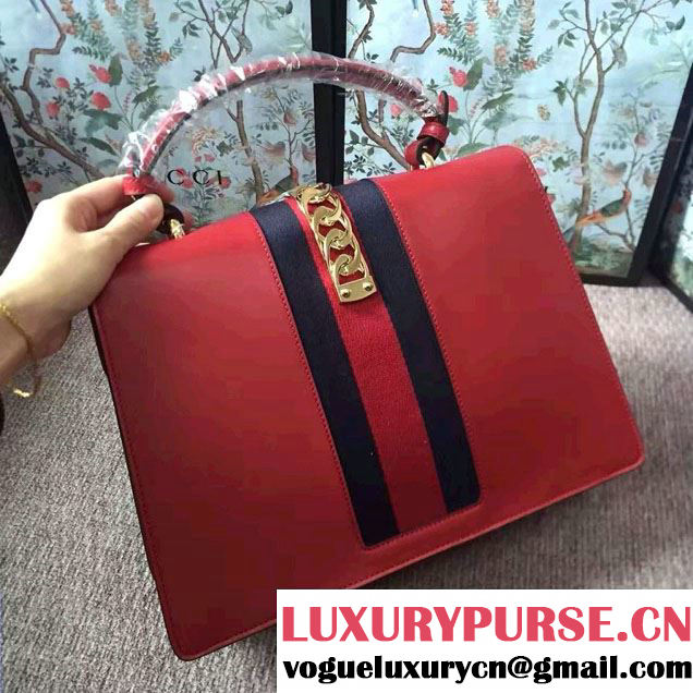 Gucci Sylvie Leather Embroidered Flowers Top Handle Medium Bag 431665 Red Runway 2016