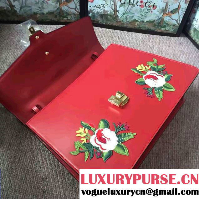 Gucci Sylvie Leather Embroidered Flowers Top Handle Medium Bag 431665 Red Runway 2016