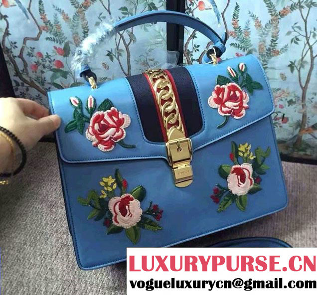 Gucci Sylvie Leather Embroidered Flowers Top Handle Medium Bag 431665 Blue Runway 2016