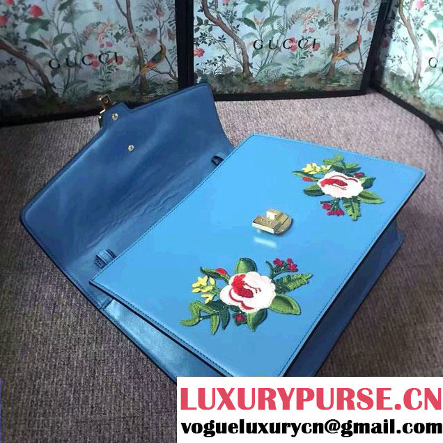Gucci Sylvie Leather Embroidered Flowers Top Handle Medium Bag 431665 Blue Runway 2016