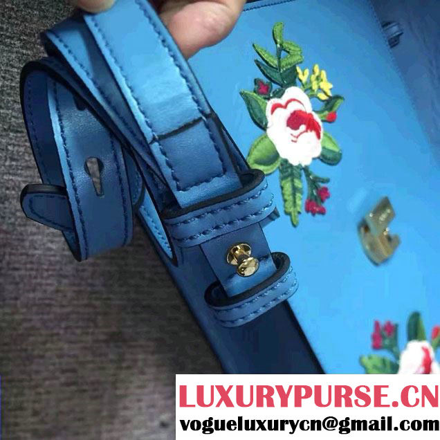 Gucci Sylvie Leather Embroidered Flowers Top Handle Medium Bag 431665 Blue Runway 2016
