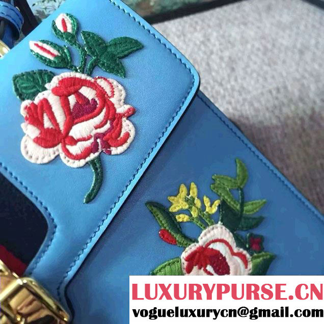 Gucci Sylvie Leather Embroidered Flowers Top Handle Medium Bag 431665 Blue Runway 2016