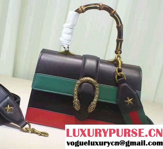 Gucci Dionysus Leather Top Handle Medium Bag 448075 Black/Green/Red 2016