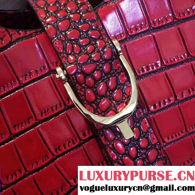 Gucci Stirrup Leather Top Handle Medium Bag 277514 Croco Pattern Date Red