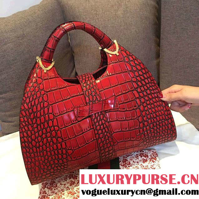 Gucci Stirrup Leather Top Handle Medium Bag 277514 Croco Pattern Date Red
