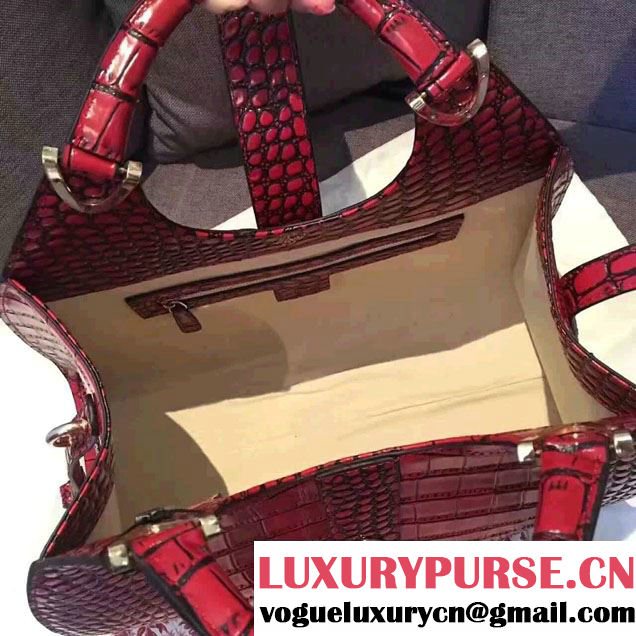 Gucci Stirrup Leather Top Handle Medium Bag 277514 Croco Pattern Date Red