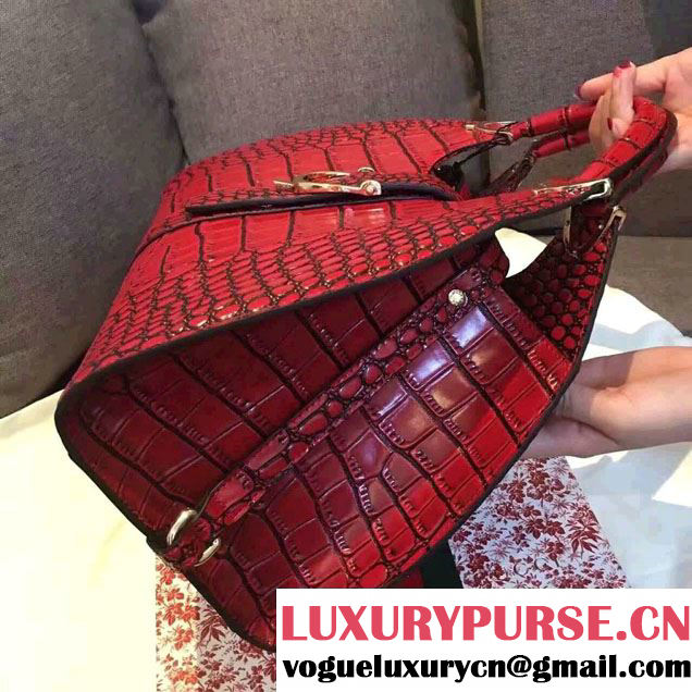 Gucci Stirrup Leather Top Handle Medium Bag 277514 Croco Pattern Date Red