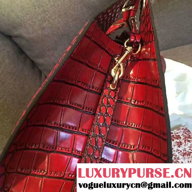 Gucci Stirrup Leather Top Handle Medium Bag 277514 Croco Pattern Date Red
