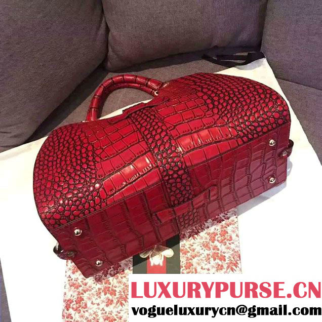 Gucci Stirrup Leather Top Handle Medium Bag 277514 Croco Pattern Date Red