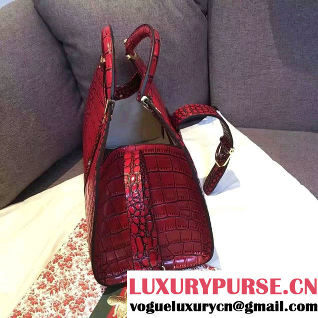 Gucci Stirrup Leather Top Handle Medium Bag 277514 Croco Pattern Date Red