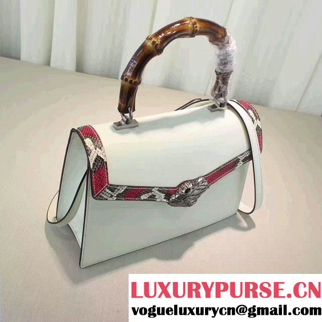 Gucci Snake Pattern Leather Bamboo Top Handle Bag 443682 White 2016