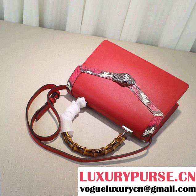 Gucci Snake Pattern Leather Bamboo Top Handle Bag 443682 Red 2016