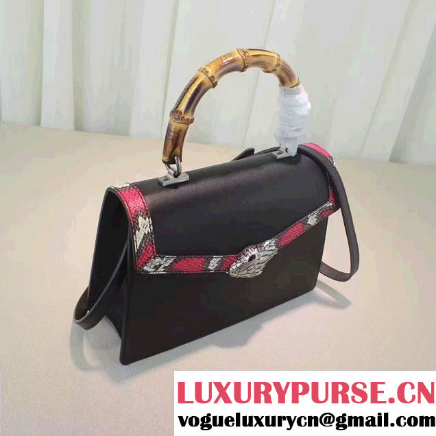 Gucci Snake Pattern Leather Bamboo Top Handle Bag 443682 Black 2016