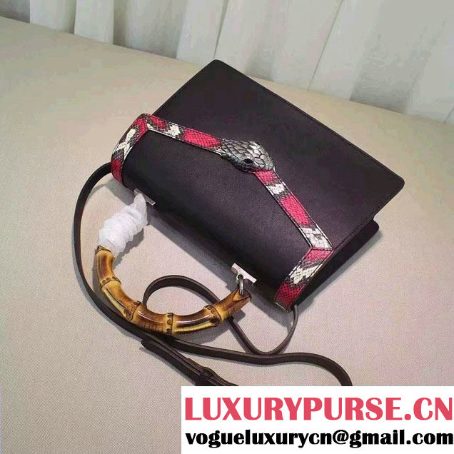 Gucci Snake Pattern Leather Bamboo Top Handle Bag 443682 Black 2016