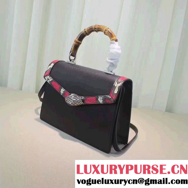 Gucci Snake Pattern Leather Bamboo Top Handle Bag 443682 Black 2016