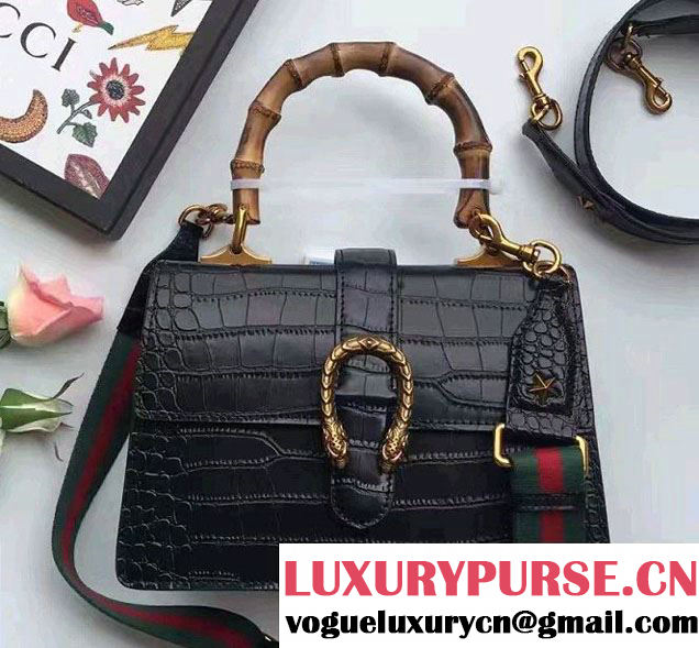 Gucci Dionysus Bamboo Croco Pattern Leather Top Handle Medium Bag 448075 Black 2016