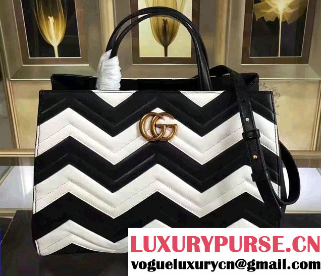 Gucci GG Marmont Matelassé Chevron Top Handle Medium Bag 443505 Black/White 2016