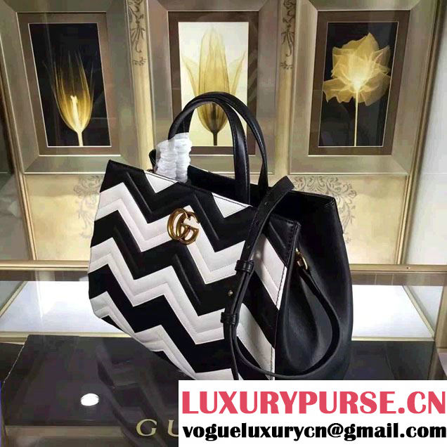 Gucci GG Marmont Matelassé Chevron Top Handle Medium Bag 443505 Black/White 2016