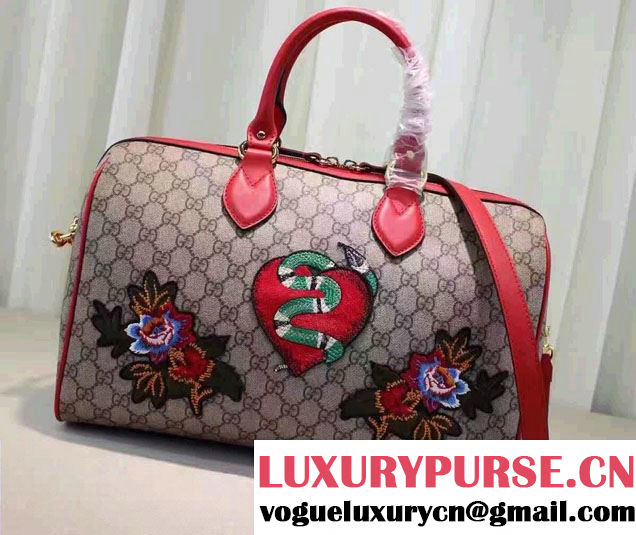 Gucci Top Handle Medium Boston Bag 409527 Embroidered Heart Snake Flower 2016