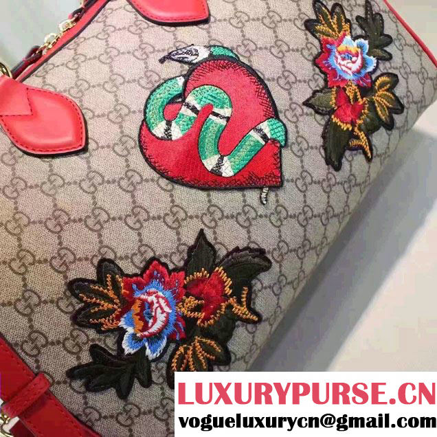 Gucci Top Handle Medium Boston Bag 409527 Embroidered Heart Snake Flower 2016