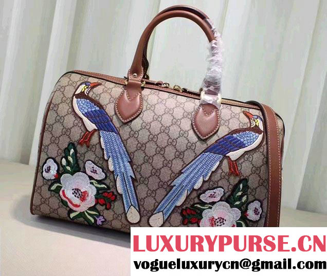 Gucci Top Handle Medium Boston Bag 409527 Exclusive Embroidered Bird Flower 2016