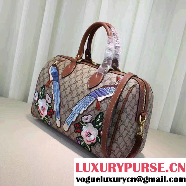 Gucci Top Handle Medium Boston Bag 409527 Exclusive Embroidered Bird Flower 2016