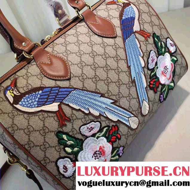 Gucci Top Handle Medium Boston Bag 409527 Exclusive Embroidered Bird Flower 2016