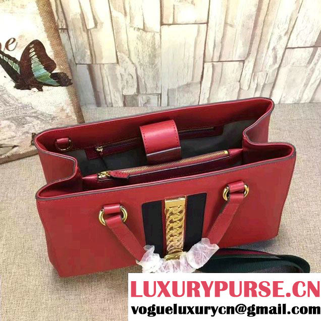 Gucci Web Chain And Buckle Sylvie Leather Top Handle Large Bag 453790 Red 2017