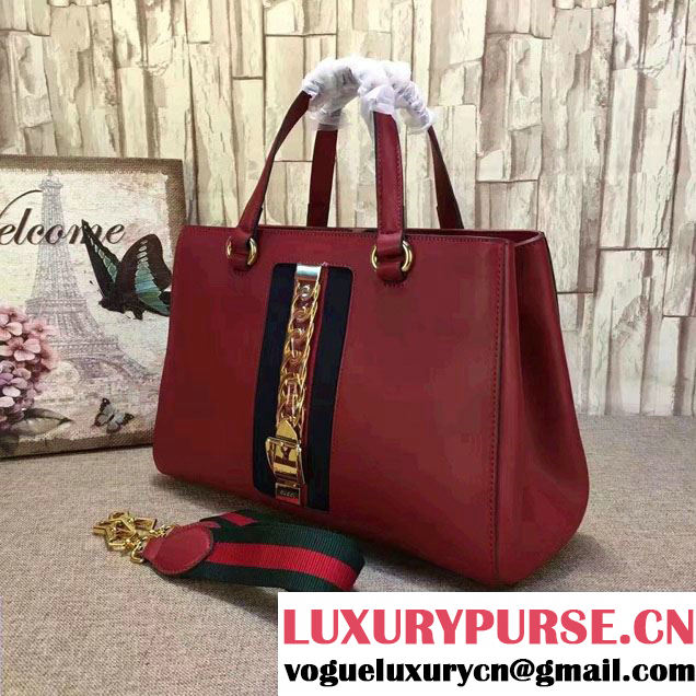Gucci Web Chain And Buckle Sylvie Leather Top Handle Large Bag 453790 Red 2017