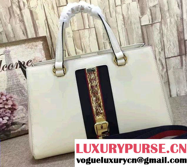 Gucci Web Chain And Buckle Sylvie Leather Top Handle Large Bag 453790 White 2017