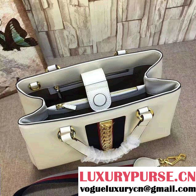 Gucci Web Chain And Buckle Sylvie Leather Top Handle Large Bag 453790 White 2017