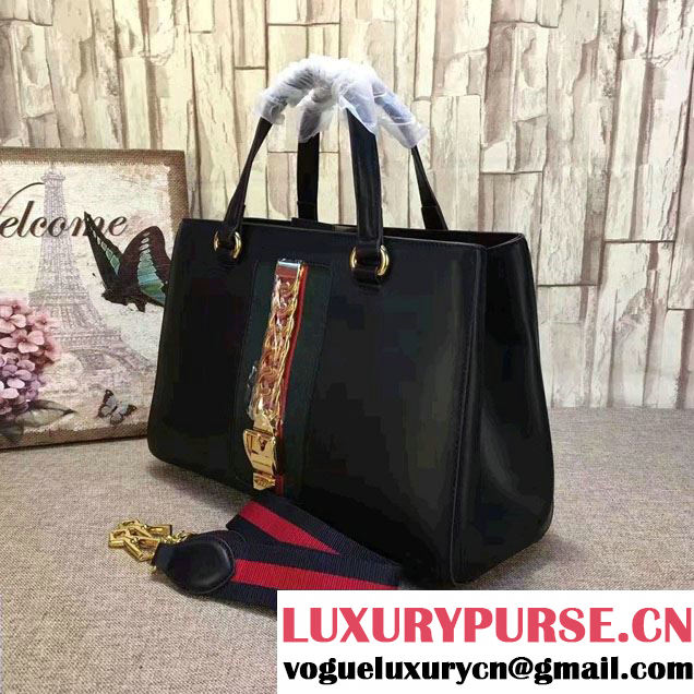 Gucci Web Chain And Buckle Sylvie Leather Top Handle Large Bag 453790 Black 2017