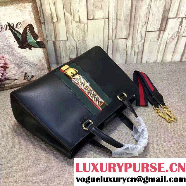 Gucci Web Chain And Buckle Sylvie Leather Top Handle Large Bag 453790 Black 2017