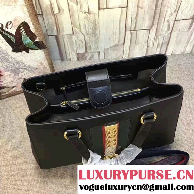 Gucci Web Chain And Buckle Sylvie Leather Top Handle Large Bag 453790 Black 2017
