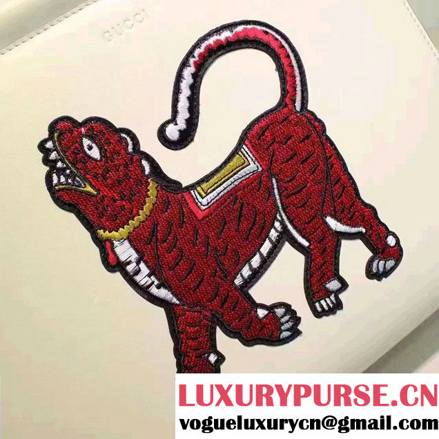 Gucci Nymphaea Leather Embroidered Tiger Top Handle Medium Bag 453766 White 2017