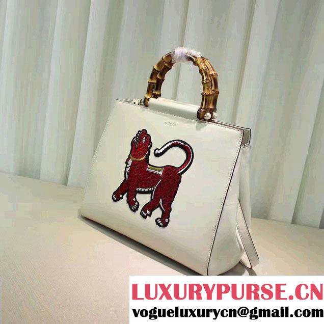 Gucci Nymphaea Leather Embroidered Tiger Top Handle Medium Bag 453766 White 2017