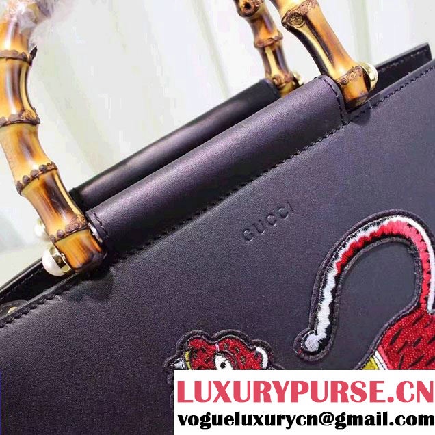 Gucci Nymphaea Leather Embroidered Tiger Top Handle Medium Bag 453766 Black 2017