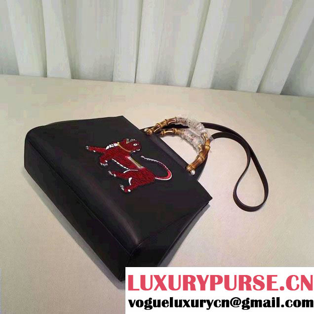 Gucci Nymphaea Leather Embroidered Tiger Top Handle Medium Bag 453766 Black 2017
