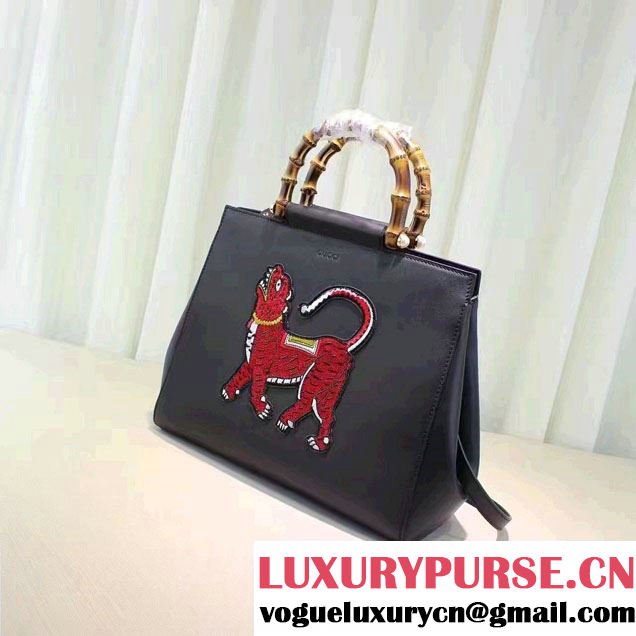 Gucci Nymphaea Leather Embroidered Tiger Top Handle Medium Bag 453766 Black 2017