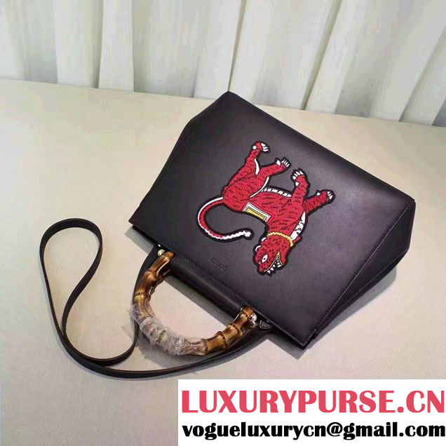 Gucci Nymphaea Leather Embroidered Tiger Top Handle Medium Bag 453766 Black 2017