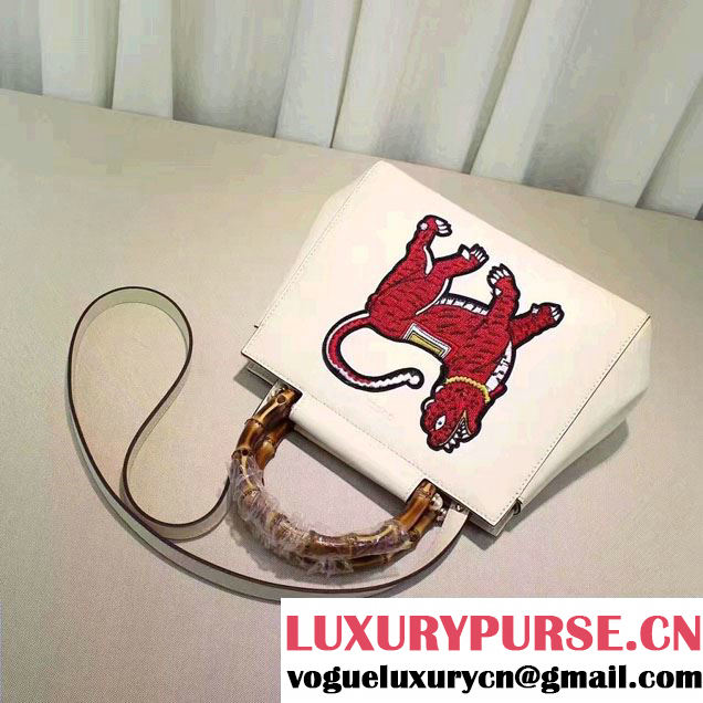 Gucci Nymphaea Leather Embroidered Tiger Top Handle Small Bag 453767 White 2017
