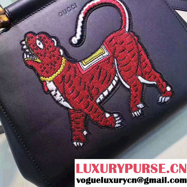 Gucci Nymphaea Leather Embroidered Tiger Top Handle Small Bag 453767 Black 2017