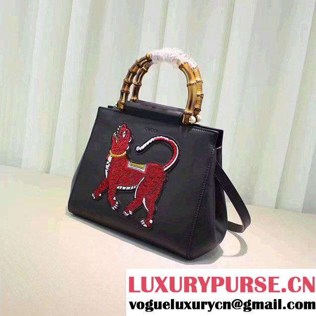 Gucci Nymphaea Leather Embroidered Tiger Top Handle Small Bag 453767 Black 2017
